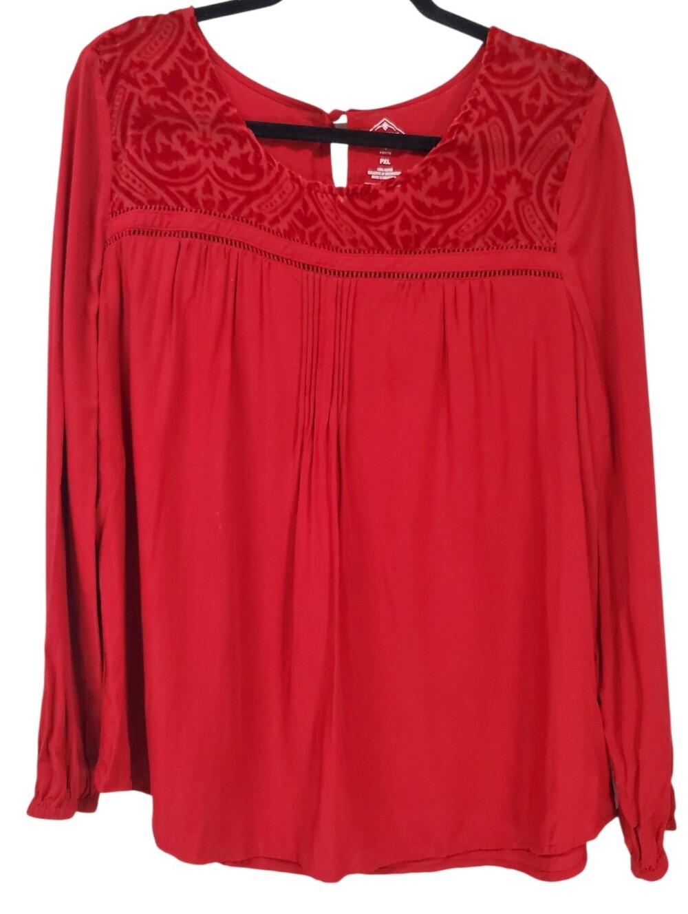 St Johns Bay Red Velvet Burnout Design Holiday Sheer Blouse Petite Large Dressy